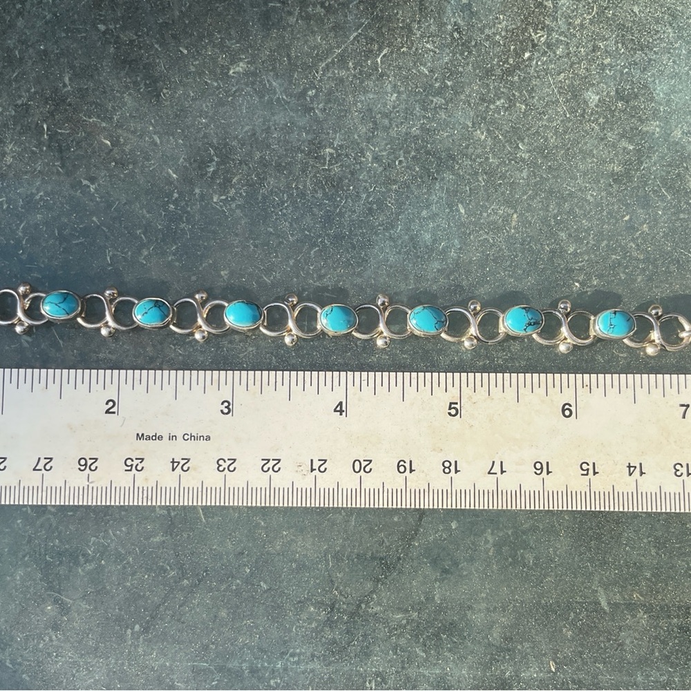 Gorgeous Mexican 925 Sterling Silver Turquoise Oval Link Chain Bracelet 7.5in - Picture 8 of 9